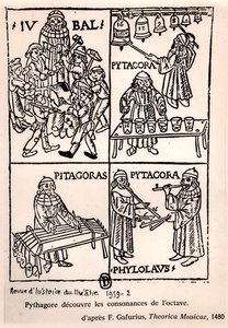 Pythagoras (ca. 580-500 f.Kr.) opdager oktavens konsonanser, fra Theorica Musicae af Franchino Gaffurio, første gang udgivet i 1480, fra Revue de lHistoire du Theatre, 1959 (bw phot) af French School