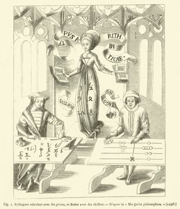 Pythagoras beregner med tokens og Boece med tal (gravering) af French School