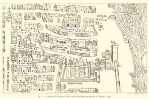 Louvre-distriktet i det 16. århundrede, faksimile af planen af ​​O Truschet, 1552 af French School