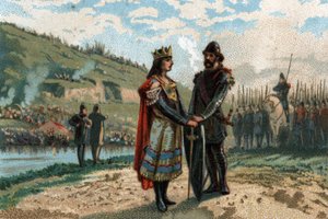 Rainfroy (Rainfroi) borgmester i Neustrias palads-alliance med frisonerne og sakserne for at bekæmpe Austrasien. Kromolitografi omkring 1890. af French School
