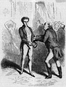 Rastignac svimmel lader den hvidhårede mand tage ti louis. Gravering midten af 1800-tallet. Illustration til "The Father Goriot" af Honore de Balzac (1799-1850). af French School