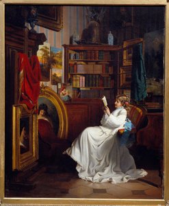 Læser en pige, der læser en bog på et kontor. Maleri af den franske skole. 1800-tallets privatsamling af French School