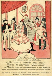 Tilbagekaldelse i 1914 for Michelin-dækket. La Vie Parisienne anmeldt og suppleret af Bibendum: "Jeg vil være din guide i den pragtfulde verden, for Michelin, min far, giver dig den smukkeste bilturistorganisation i verden". På væggen hænger en ramme med af French School