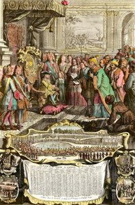 Modtagelse af Mehemet Effendi, den store sultan Achmets tyrkiske ambassadør, af Ludvig XV den 21. marts 1721 i Tuilerierne. Kobberstik fra det 18. århundrede. Privat samling. af French School