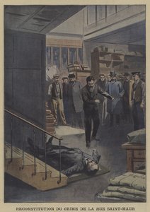 Rekonstruktion af et mord i Rue Saint-Maur, Paris (farve litho) af French School