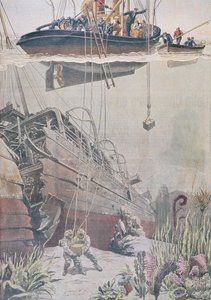 Inddrivelse af skatte fra vraget af Oceana, illustration fra Le Petit Journal, 1912 af French School