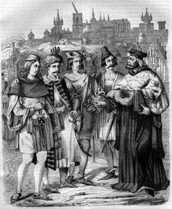 Rektor og studerende fra forskellige nationer ved universitetet i Prag i det 17. århundrede. Stik fra 1852. af French School