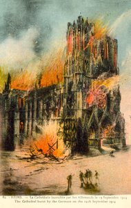 Reims, katedralen brændt af tyskerne den 19. september 1914 (farve litho) af French School