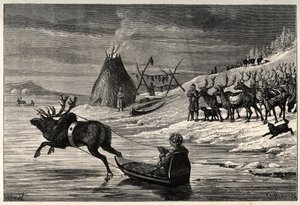 Rensdyrbesætning i Lapland - gravering fra "" Manden og Bete" af Arthur Mangin - 1872 - af French School