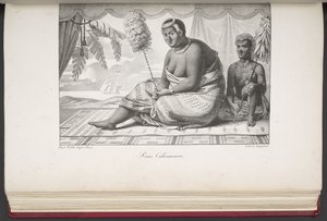 Reine Cahoumanou, Sandwichøernes Indbyggere, fra Maleriske Rejser Jorden rundt, med Portrætter af Vilde fra Amerika, Asien, Afrika og Øerne i Det Store Ocean; landskaber, havudsigt og flere naturhistoriske genstande; af French School