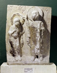 Relief forestillende St. Hilary af Poitiers (320-368) velsignende St. Triaise, ca. 1150 af French School