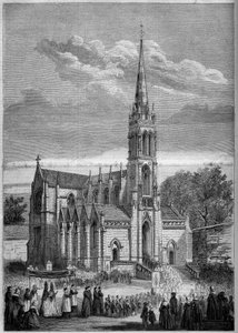 Religiøs arkitektur: overblik over kirken Monfort le Retrou (i dag Montfort le Gesnois i Sarthe (72), dagen for dens indvielse i 1858. Fra en skitse af hr. Moulin. Indgravering i "" Le Monde Illustré"" n °77 af 2. oktober 1858. af French School