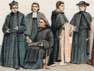 Religiøse dragter: fra g a d portræt af en jesuit, en far Mariste (Marcellin Champagnat), en benediktinermunk, en dominikanermunk og en oblat - gravering - Religiøse dragter: fra venstre mod højre, portræt af en jesuit, en maristbror, en benediktiner man af French School