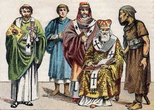 Religiøse dragter i antikken: fra g et portræt af en byzantinsk diakon, en kristen præst i det første århundrede, en eveque i det 5. århundrede, en byzantinsk patriark og en anachorete - Indgravering - Religiøse dragter i oldtiden: fra venstre til r. af French School