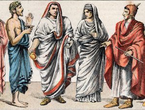 Religiøse dragter i antikken: fra et portræt af en græsk præst, ofreminister, en store pave i det antikke Rom (Pontifex maximus), en vestal, en prætress fra det antikke Rom og en romersk flamingo (flamen) præst, der er viet til tilbedelsen af en Gud af French School