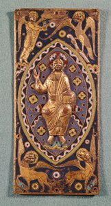Relikvieplade, der forestiller Kristus med evangelisternes symboler (emaljeret kobber)