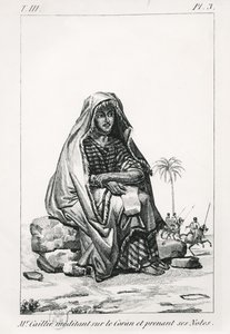 Rene Caille overvejer Koranen og tager noter fra Journal dun voyage a Tombouctou af Rene Caillie (1799-1838), 1830 af French School