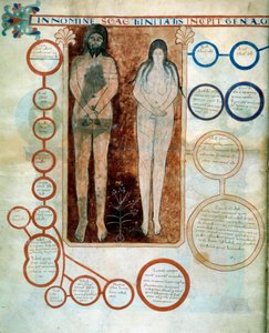 Repræsentation af Adam og Eva, de røde medaljoner repræsenterer linjen af Kain, ødelagt af Deluge Miniature, der illustrerer kommentarerne til "Apokalypsen ifølge Saint John" skrevet i 775 af munken Beatus de Liebana af French School