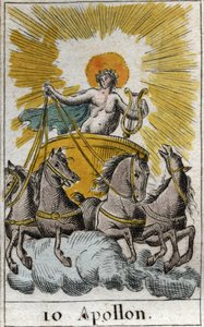 Repræsentation af Apollo, gud for sang, musik og poesi, på sin vogn (Apollo, lysets gud, musik, poesi). Fra "Mythology of Youth" af Pierre Blanchard 1803. af French School