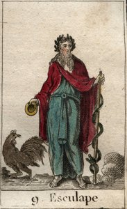 Repræsentation af Asclepios, medicinens gud, han holder en pind af Asclepios (løvfældende), en pind af pelerine, hvorpå der er viklet en slange, symbol på viden (medicinens gud, Asclepius (eller Asclepios eller Aesculapius) holder en stang af Asklepius ( af French School