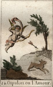 Repræsentation af Amor, eller Amour, tjener af Venus, som et barn med bind for øjnene, der tegner en pil (Amor, kærlighedens gud, som et barn med bind for øjnene, tegner en pil). Fra "Mythology of Youth" af Pierre Blanchard 1803. af French School