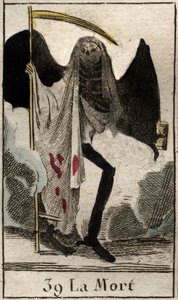 Repræsentation af Døden, skelet klædt i sort og vinge, han holder en stor falsk. (Døden, bevinget skelet klædt i sort, holder en le) Fra "Mythologie de la jeunesse" af Pierre Blanchard 1803. af French School