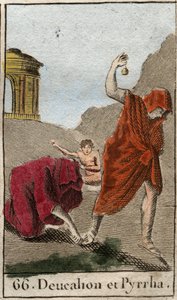 Repræsentation af Deucalion og Pyrrha, de eneste overlevende efter syndfloden forårsaget af Zeus for at ødelægge den menneskelige race. Themis efter syndfloden beder dem om at gå med hovedet tildækket ved at kaste deres mors knogler bag sig (Jordens sten) af French School
