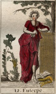Repræsentation af Euterpe, musikkens muse, omgivet af nodebøger og spiller dobbeltfløjte (aulos) (Euterpe, musikmuse, der viser at holde en dobbeltfløjte (aulos)). Fra "Mythology of Youth" af Pierre Blanchard 1803. af French School