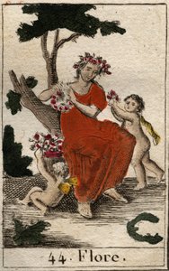 Repræsentation af Flora (Flora), gudinde for blomster. (Flora, blomstergudinden og forårstiden) Fra "Mythologie de la jeunesse" af Pierre Blanchard 1803. af French School