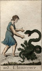 Repræsentation af uskyld, som et barn, der fodrer en farlig slange. Fra "Mythology of Youth" af Pierre Blanchard 1803. af French School