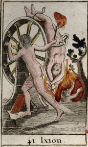 Repræsentation af Ixion, straffet af guderne, er han dømt til at blive lænket til et brændende hjul, der drejer uendeligt. (Ixion, straffet af guderne, er bundet til et bevinget ildhjul, der altid drejer) Fra "Mythologie de la jeunesse" af Pierre Blanchard af French School