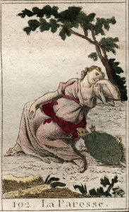 Repræsentation af Dovenskab, datter af Natten og Søvnen som en ung mand med en skildpadde. Fra "Mythology of Youth" af Pierre Blanchard 1803. af French School
