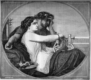 Repræsentation af Lesbie (Lesbia) og Catulle (87 - 54 f.Kr.) Latinsk digter: digteren dedikerede mange digte til den unge prostituerede, han var forelsket i. Indgravering i "Prostitutionens og udskejelsens historie blandt alle verdens folk fra oldtiden til af French School