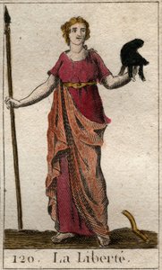 Repræsentation af Liberte som en kvinde med en frygisk hat og en spade. (Friheden som ung kvinde med en frygisk hat og en gedde). Fra "Mythology of Youth" af Pierre Blanchard 1803. af French School