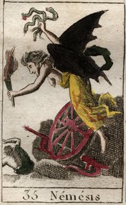 Repræsentation af Nemesis, hævnens gudinde, repræsenteret som en kvinde ailee, der holder en fakkel, og slanger, hjul og ror indikerer, at de forfulgte hendes ofre til vands og til lands. (Nemesis, hævnens gudinde, repræsenteret som en bevinget kvinde, der af French School