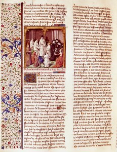 Fremstilling af Sankt Bernhard af Clairvaux (San Bernardo di Chiaravalle) (1090-1153) barn. Han er i midten af billedet med en aureole over hovedet. Miniature i "Le miroir historial" (Speculum Historiale) (ms. 1196, fol. 372) af Vincent de Beauva. af French School