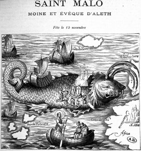 Repræsentation af Saint Malo (Saint Maclou) på ryggen af en hval repræsenteret i vejen for Saint Brendan (Brandan) af Clonfert eller Breanainn af Clonfert (ca. 484-577/578) - gravering af French School