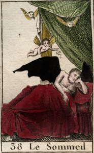 Repræsentation af søvn, hvilende evigt i et palads, nær drømmevinger. (Somnus, søvnens gud, han sover i et palads omgivet af bevingede drømme) Fra "Mythologie de la jeunesse" af Pierre Blanchard 1803. af French School