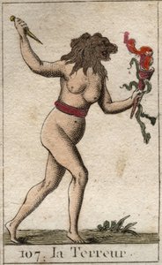 Repræsentation af terror, som en kvinde med et løvehoved, der holder en kniv og slanger. Fra "Mythology of Youth" af Pierre Blanchard 1803. af French School