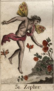 Repræsentation af Zephyr, personificering af vestenvinden. (Zephyrus (eller Zephyr) personificering af vestenvinden). Fra "Mythology of Youth" af Pierre Blanchard 1803. af French School