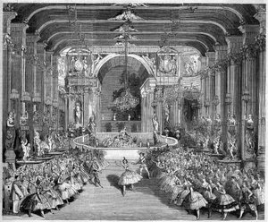Repræsentation af en ballet: Casino of Messina, scenografi af første akt af "The Star of Messina" på en musik af Nicolo Gabrielli (1814-1891). Indretning realiseret af Edouard Desplechin. Paris, Theatre de l
