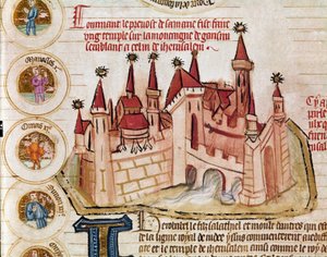 Repræsentation af en befæstet by svarende til Jerusalem Side taget fra manuskriptet "Genealogie de la Bible" fra den franske skole. 14. århundrede Cremone, biblioteca governativa af French School