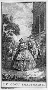 Repræsentation af en scene fra stykket "" Sganarelle ou le cuckold imaginaire"" (1660) af Jean Baptiste Poquelin dit Moliere (1622-1673). Stik fra 1738. af French School