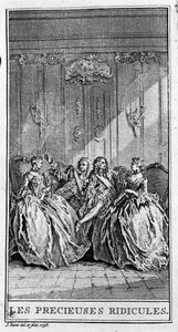 Repræsentation af en scene i stykket "" de dyrebare latterliggørelser"" (1659) af Jean Baptiste Poquelin dit Moliere (1622-1673). Stik fra 1738. af French School