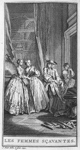 Repræsentation af en scene i stykket "" Les femmes savantes"" (1672) af Jean Baptiste Poquelin dit Moliere (1622-1673). Stik fra 1740. af French School