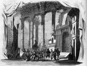 Repræsentation af en opera: Scenografi af 1. akt af "Salvador Rosa" efter en libretto af Henry Trianon (1811-1896) og Eugene Grange (1810-1887) og en musik af Jules Laurent Duprato (1827-1892). Paris, Opera Comique af French School