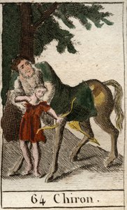 Repræsentation af kentaur Chiron, halv mand halv hest, mester i bueskydning, han underviser i denne kunst i Achilleus. (Repræsentation af kentauren Chiron (Cheiron eller Kheiro), halvt menneske halvt hest. Han lærer den unge Achille bueskydningens kunst).  af French School