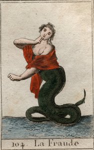 Repræsentation af snyd (uærlighed), som en farlig slange med et smilende kvindehoved). Fra "Mythology of Youth" af Pierre Blanchard 1803. af French School