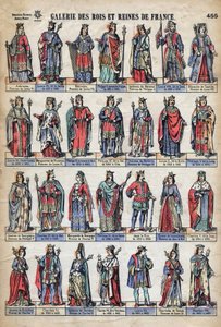 Repræsentation af konger og dronninger af Frankrig fra Capetian-dynastiet (fra Louis VII til Charles VIII). Illustration slutningen af det 19. århundrede. af French School