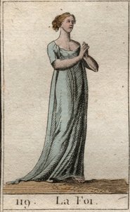 Repræsentation af troen, kvinde klædt i hvidt med sluttede hænder. (Troen som ung kvinde, klædt i hvid kjole, med sluttede hænder). Fra "Mythology of Youth" af Pierre Blanchard 1803. af French School